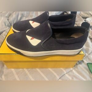 Fendi Navy Blue Suede Monster Eyes Slip On Sneakers Size 10